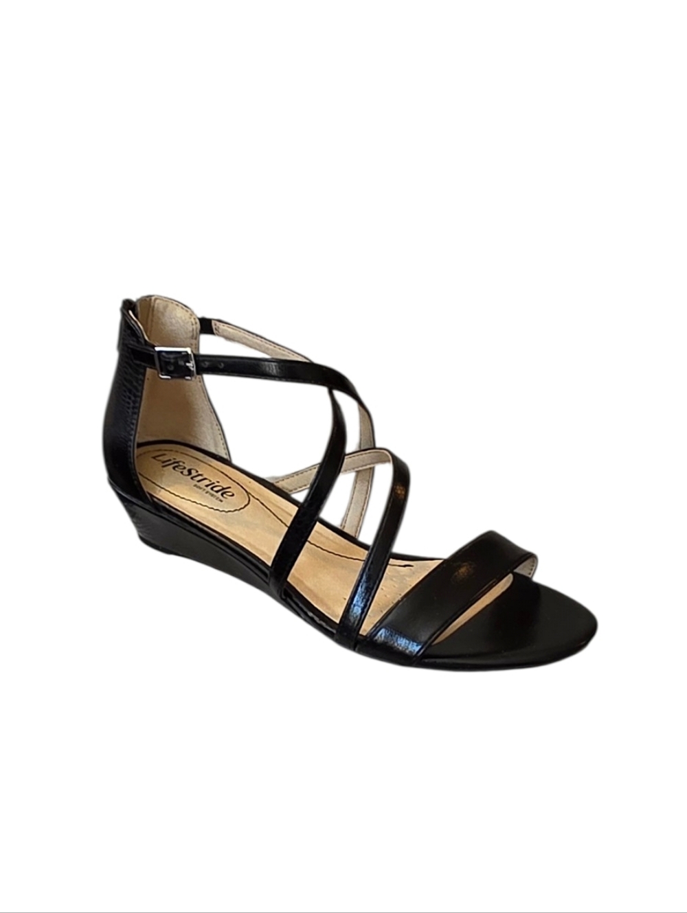 LifeStride Yolanda Black Crisscross Strappy Wedge Heel Sandal Size 8M
